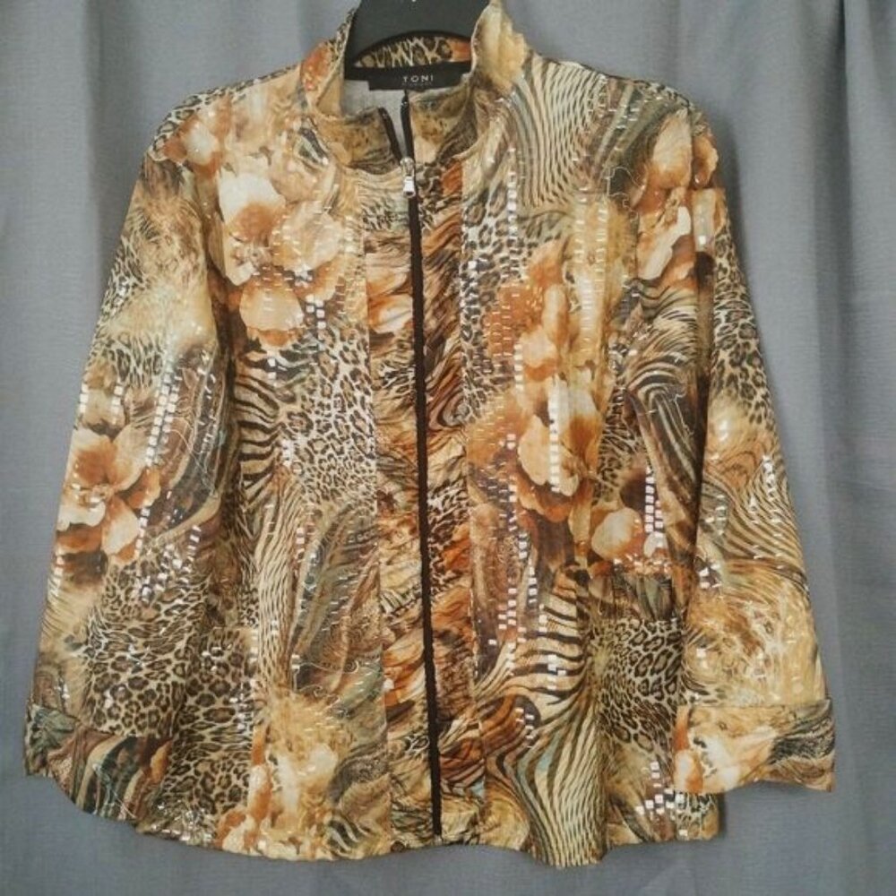 ❤️TONI MORGAN Full Pailette Leopard Zebra Floral Print Jacket Sz Large